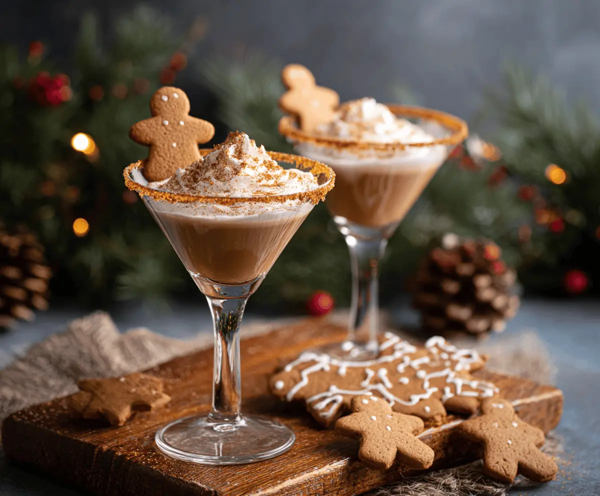 Delicious Gingerbread Martini in a festive glass, garnished with a cinnamon stick and gingerbread cookie.