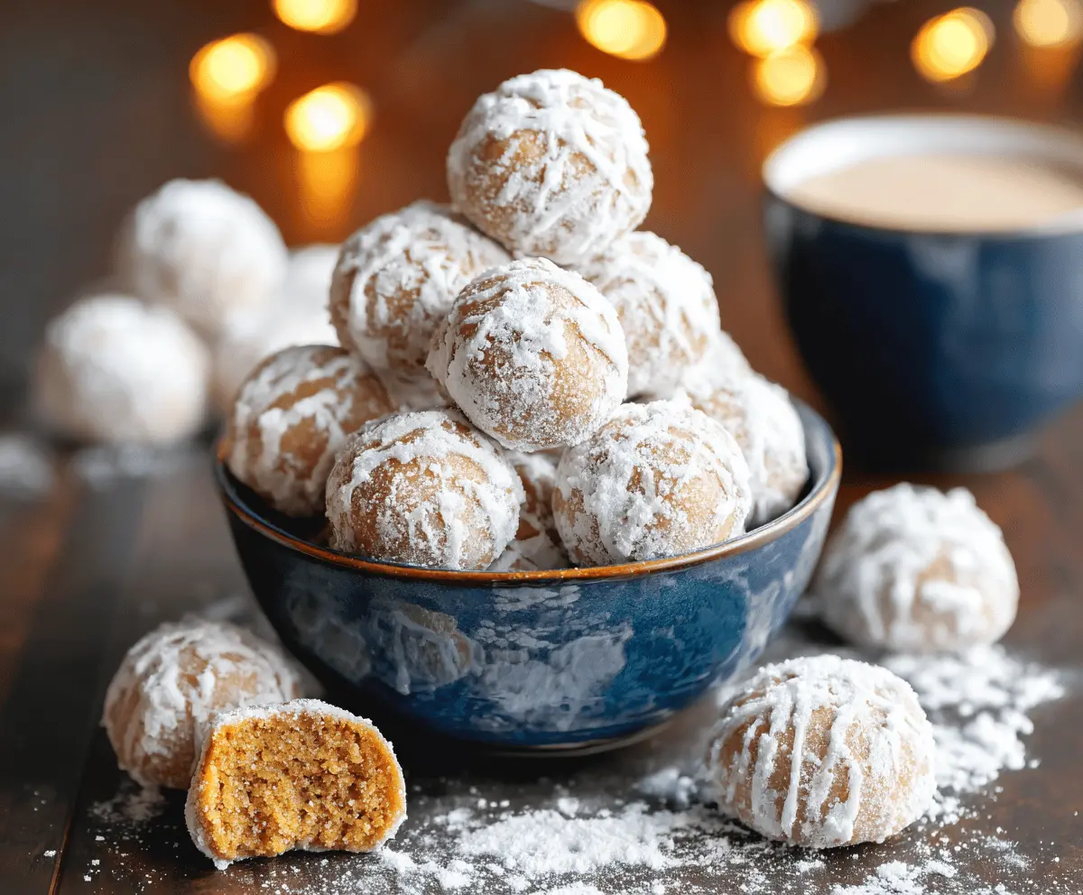 Delicious gingerbread snowball cookies with powdered sugar coating, festive holiday treat.