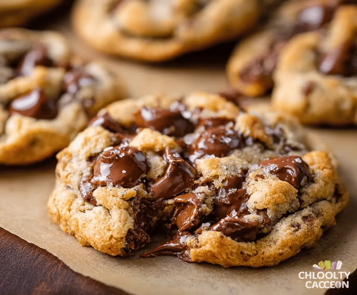 Delicious gooey chocolate chip cookies fresh out of the oven showcasing melted chocolate chunks.