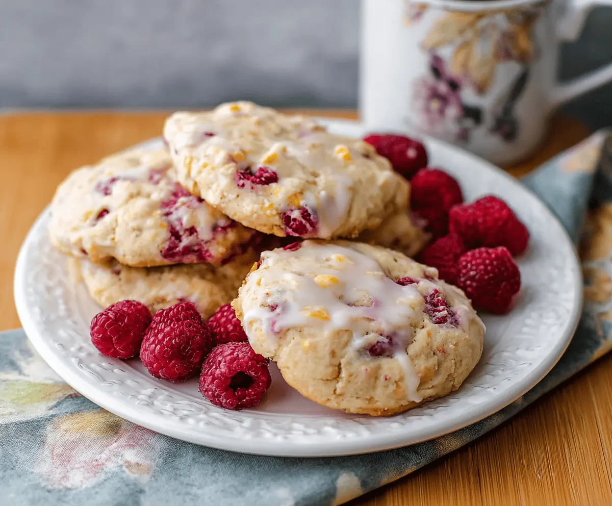 Delicious Greek Yogurt Raspberry Cookies on a plate with fresh raspberries