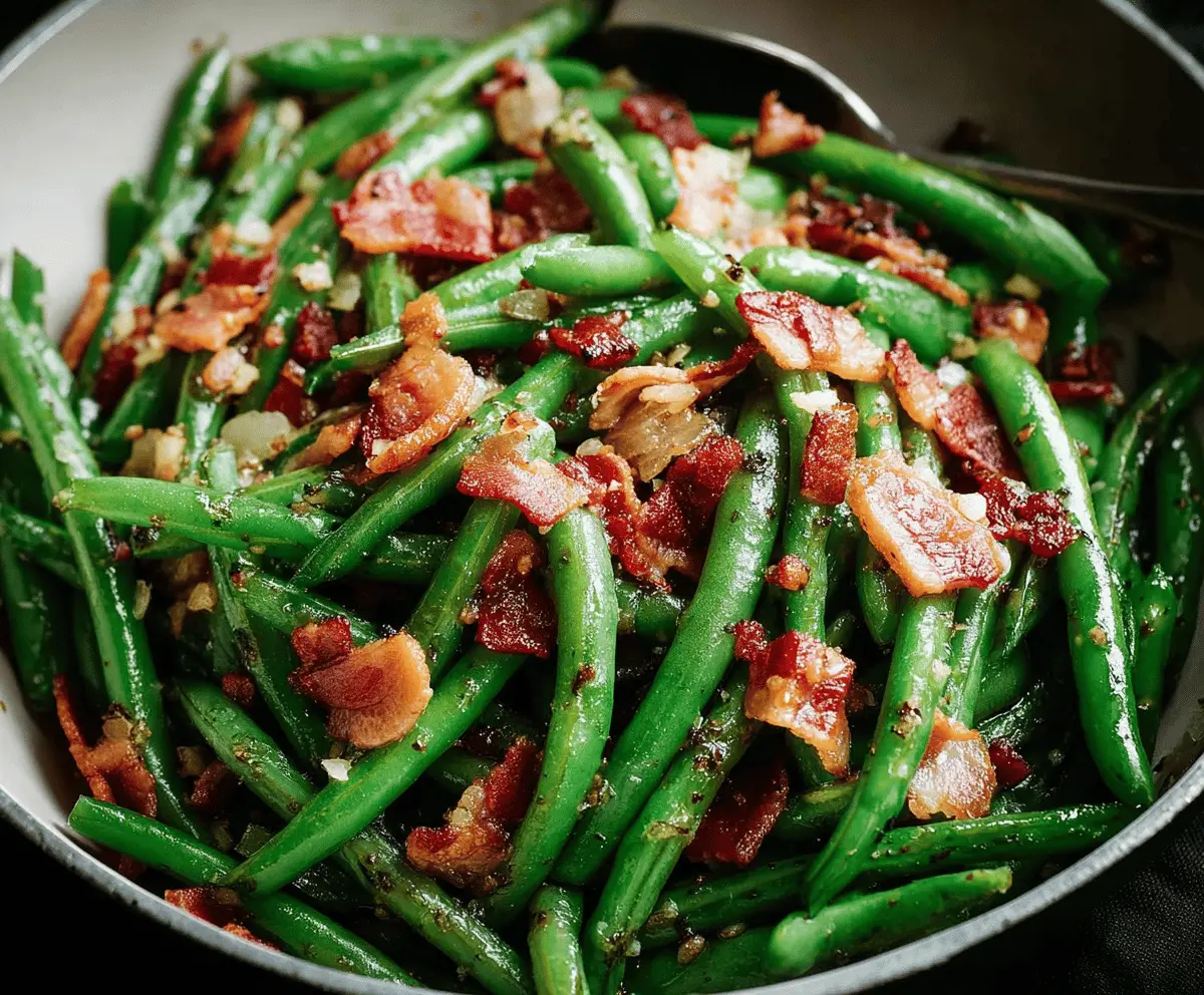 Delicious green beans cooked with crispy bacon pieces, served as a flavorful side dish.