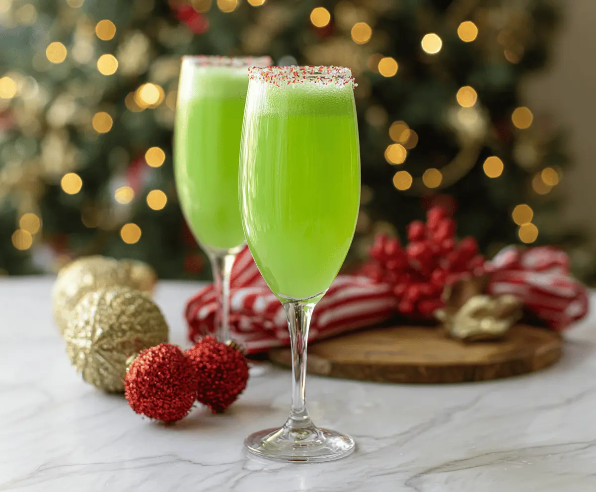 Festive Grinch Mimosa cocktail with green hue and orange garnishes for holiday brunch