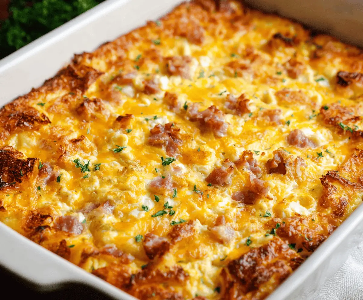 Baked hashbrown egg casserole with melted cheese and fresh herbs, perfect for breakfast or brunch.