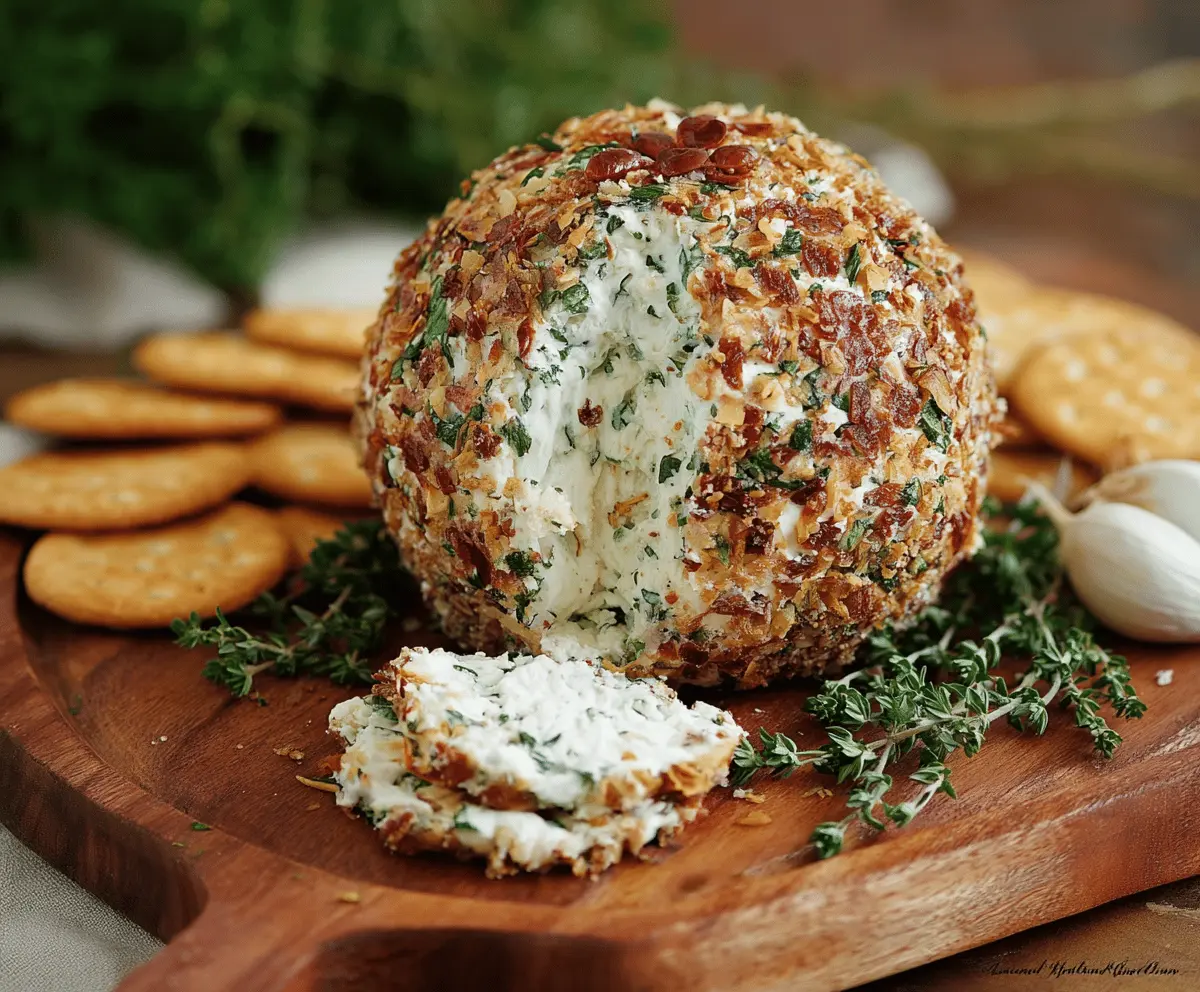 Delicious Herb and Garlic Cheese Ball garnished with fresh herbs for a flavorful appetizer.