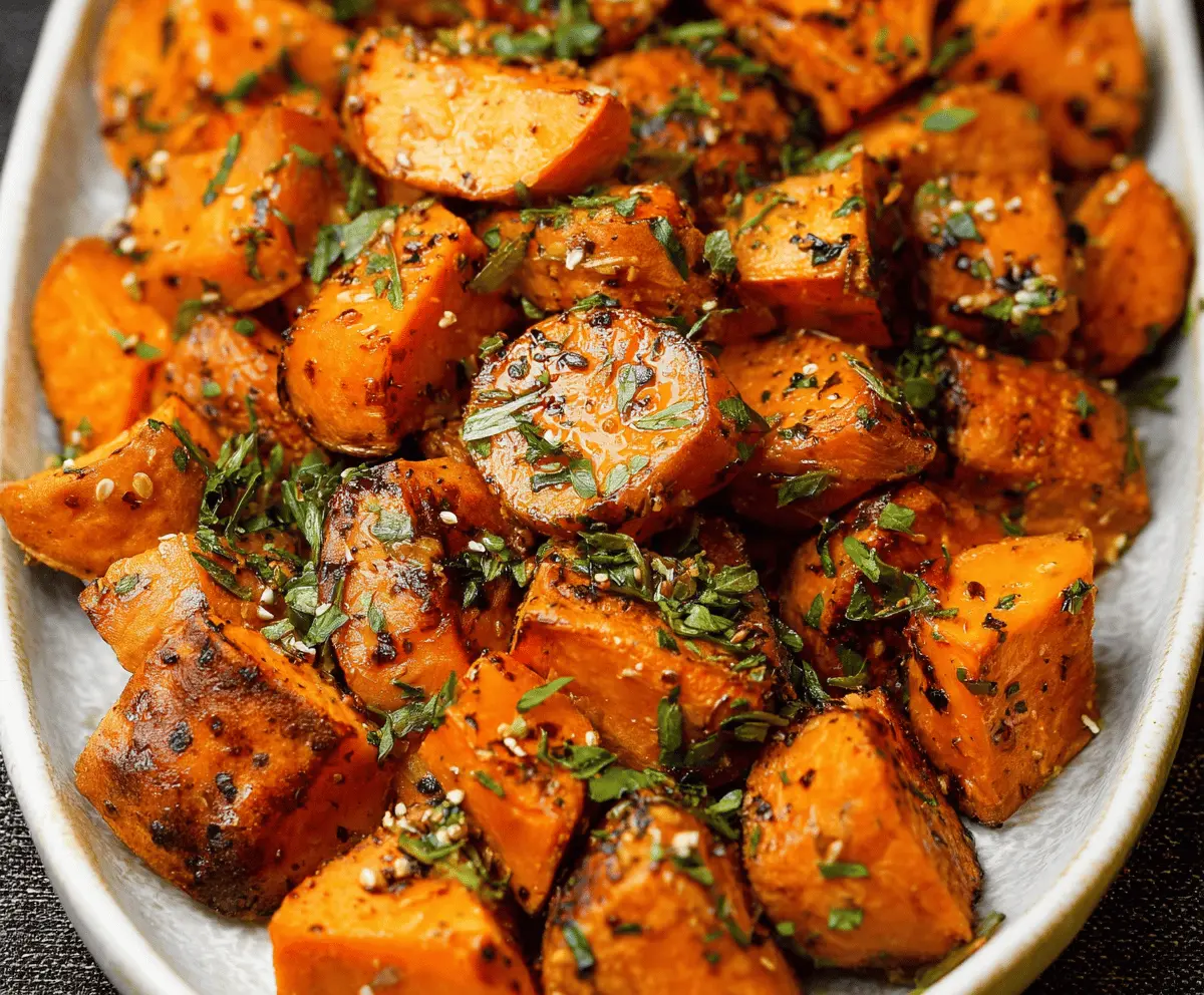 Delicious herb roasted sweet potatoes garnished with fresh herbs on a rustic wooden table.