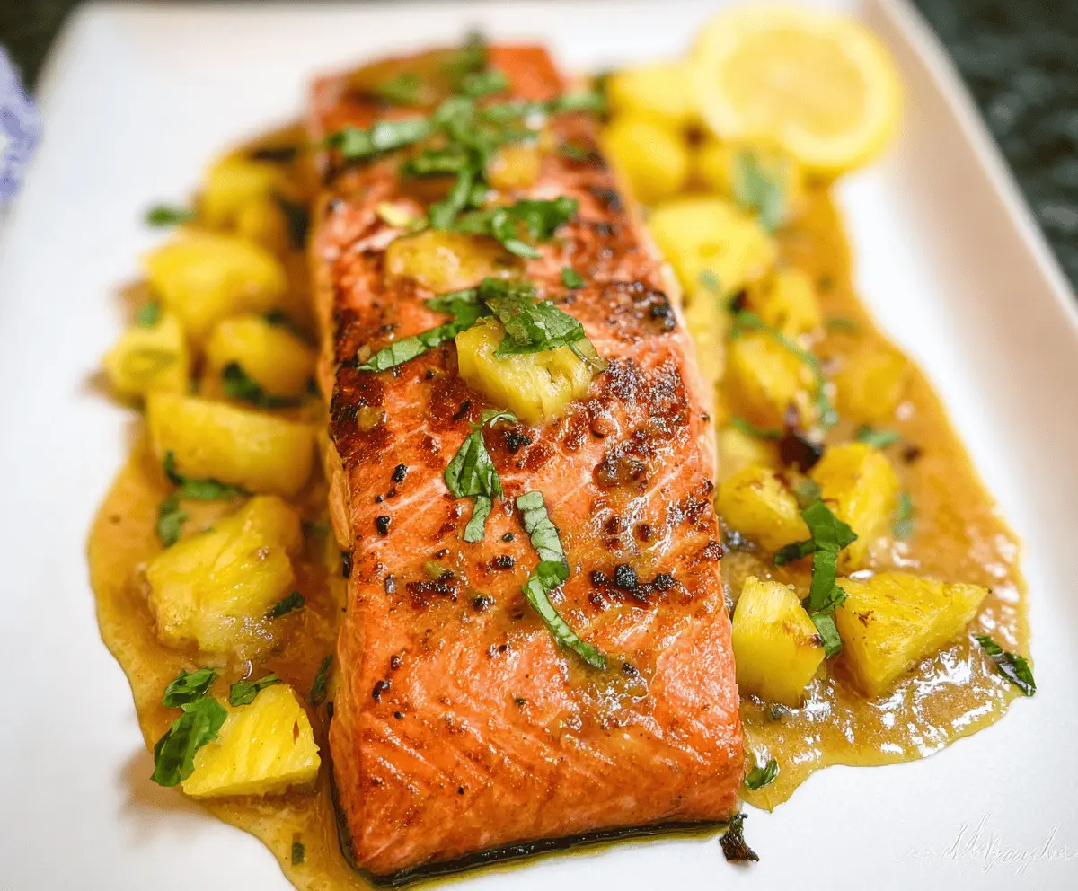 Delicious Honey Pineapple Salmon served with fresh pineapple slices and a honey glaze.