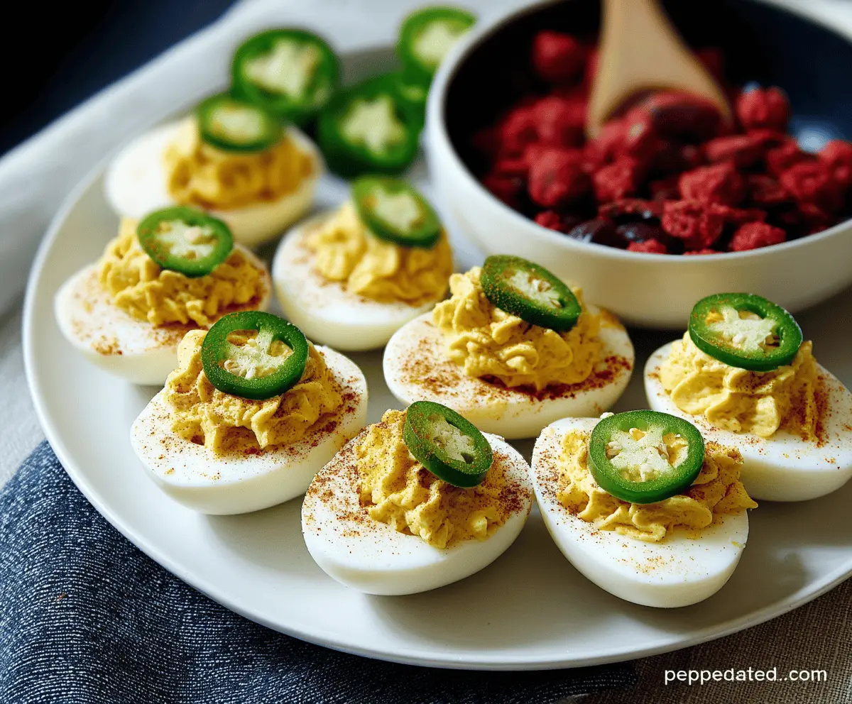Spicy jalapeño deviled eggs garnished with fresh herbs on a white plate.
