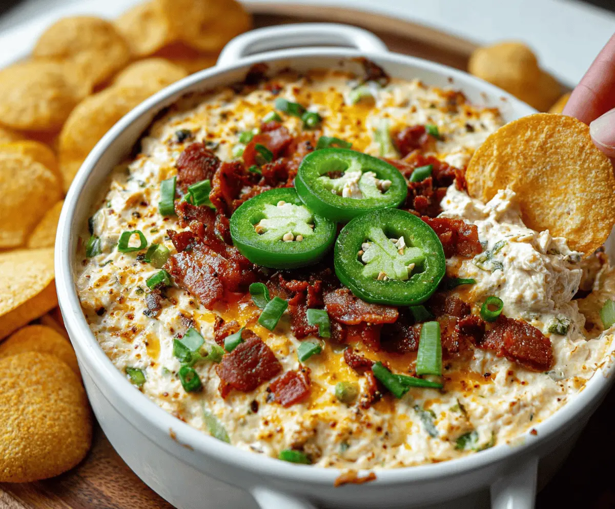 Creamy jalapeño popper dip topped with cheese and chopped jalapeños, served in a bowl ready for dipping.