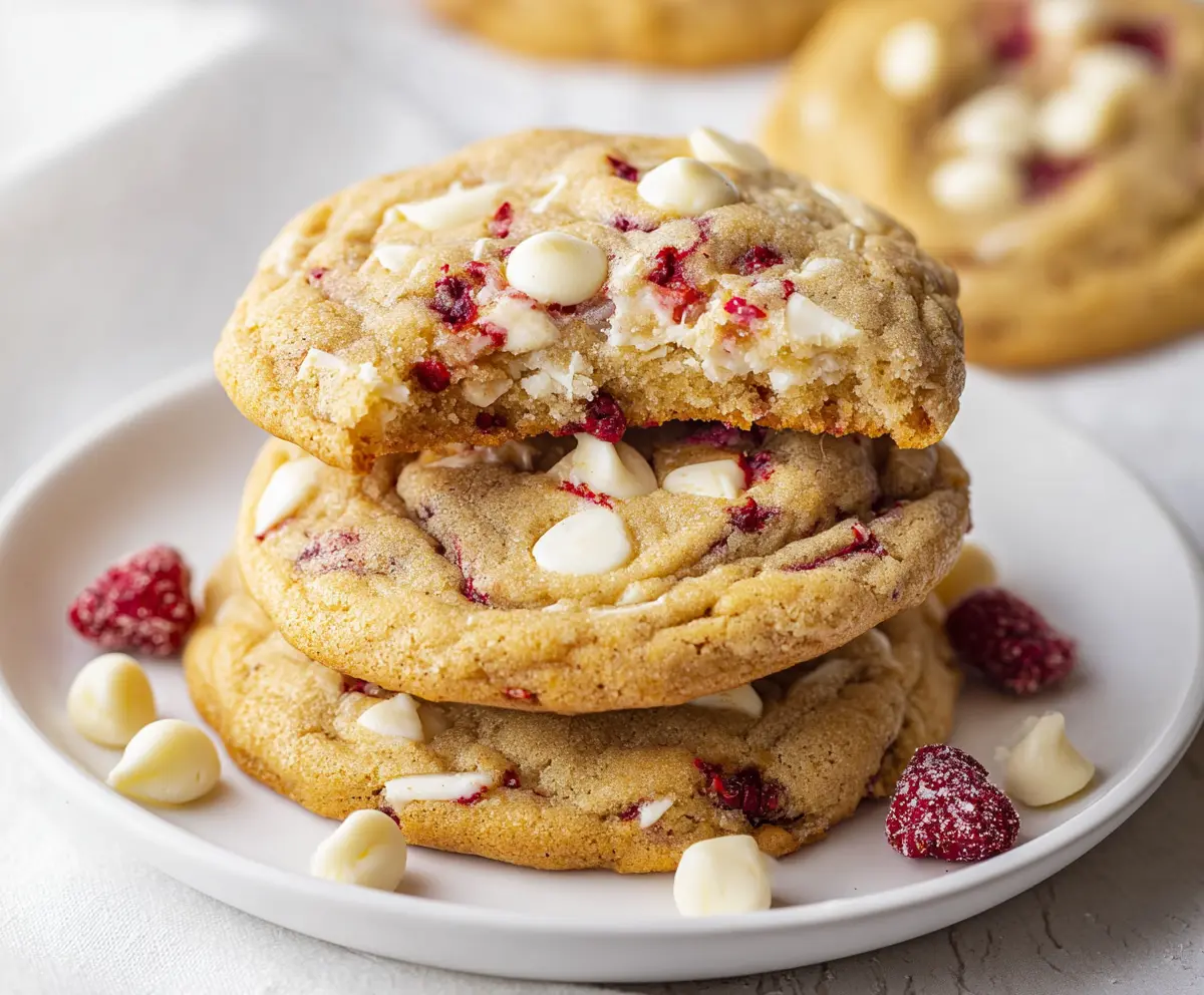 Delicious jumbo raspberry white chocolate cookies fresh out of the oven, showcasing vibrant red raspberries and creamy white chocolate chunks.