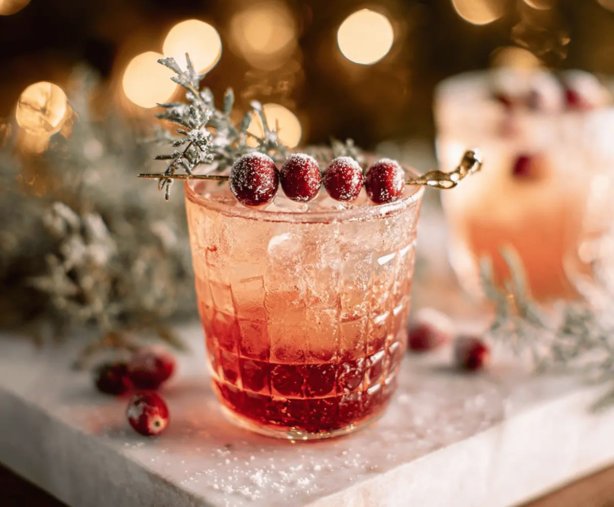 Festive Kris Kringle's Jingle Batch Cocktail served in a holiday-themed glass with ice and holiday decorations.