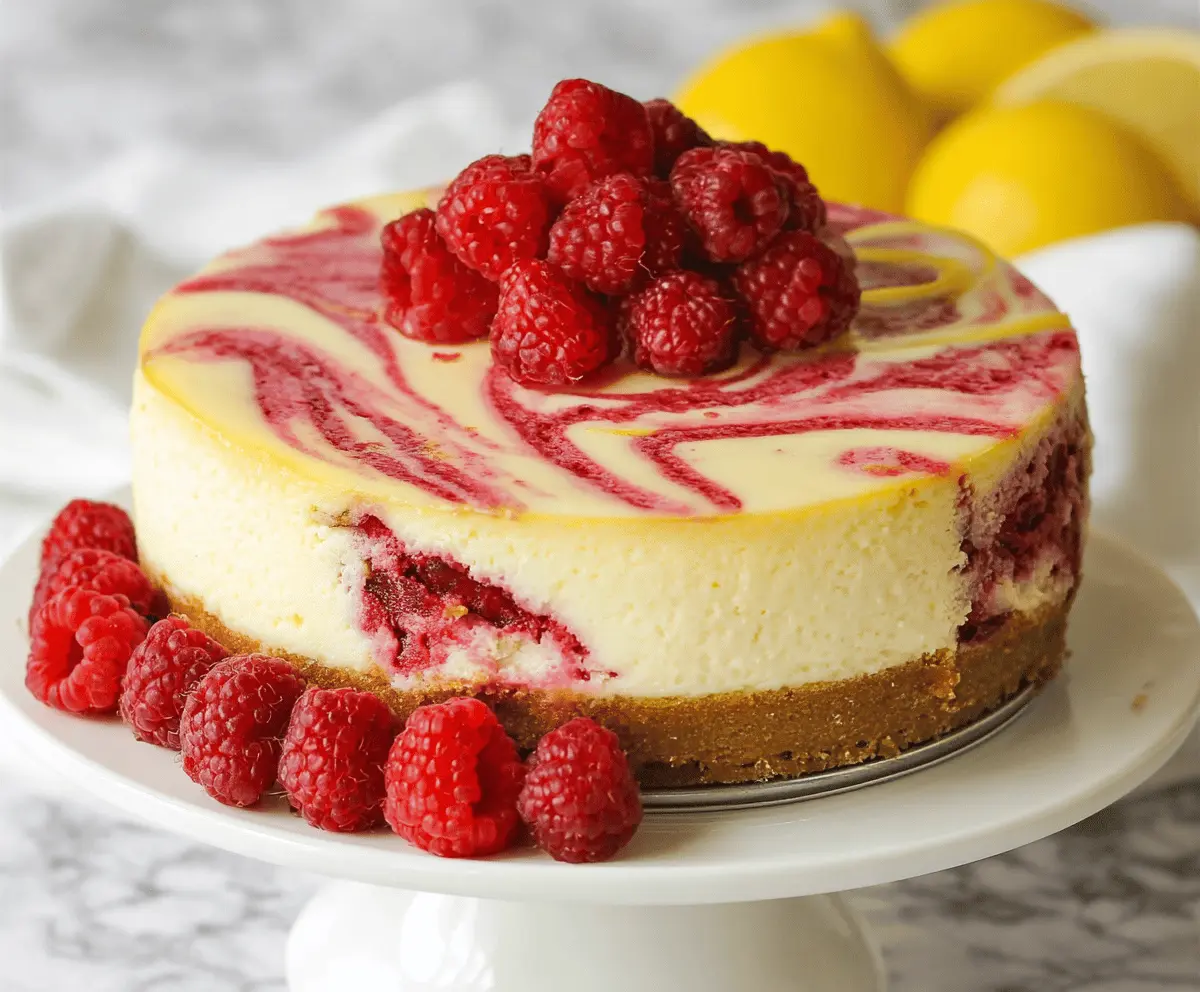 Delicious Lemon Raspberry Swirl Cheesecake with a creamy texture and vibrant red and yellow swirls.