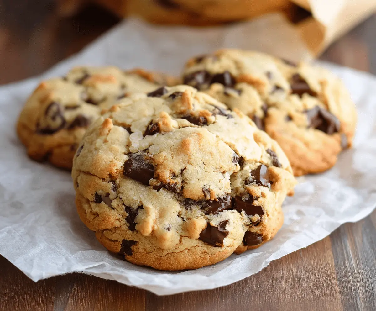 Delicious Levain Bakery-style chocolate chip cookies freshly baked with golden edges and gooey chocolate chips.