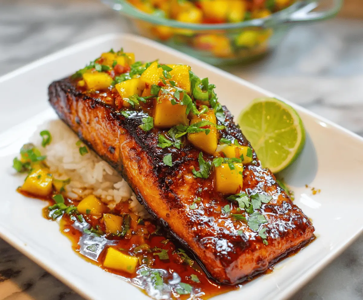 Delicious Mango Teriyaki Salmon served with fresh mango slices and garnished with green onions.
