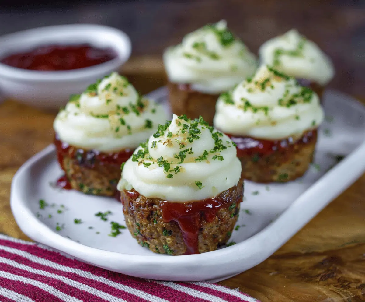 Delicious meatloaf cupcakes topped with creamy mashed potato frosting, served on a rustic plate.