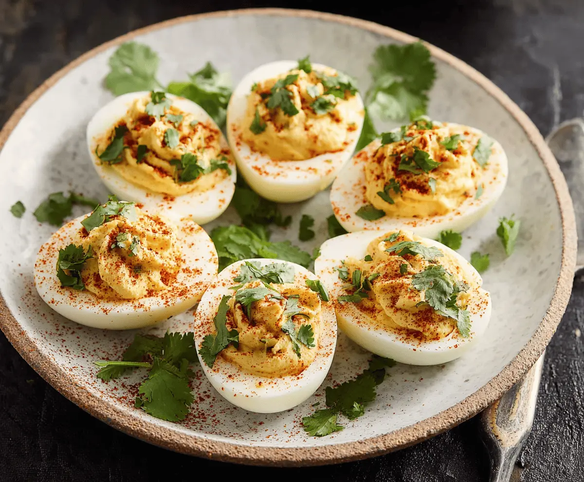 Delicious Mexican Deviled Eggs with colorful toppings and herbs on a white plate