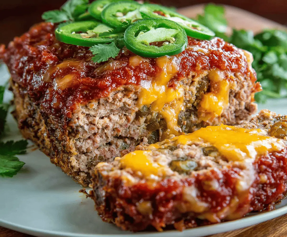 Delicious Mexican Meatloaf with seasoned beef, cheese, and fresh herbs on a rustic plate.