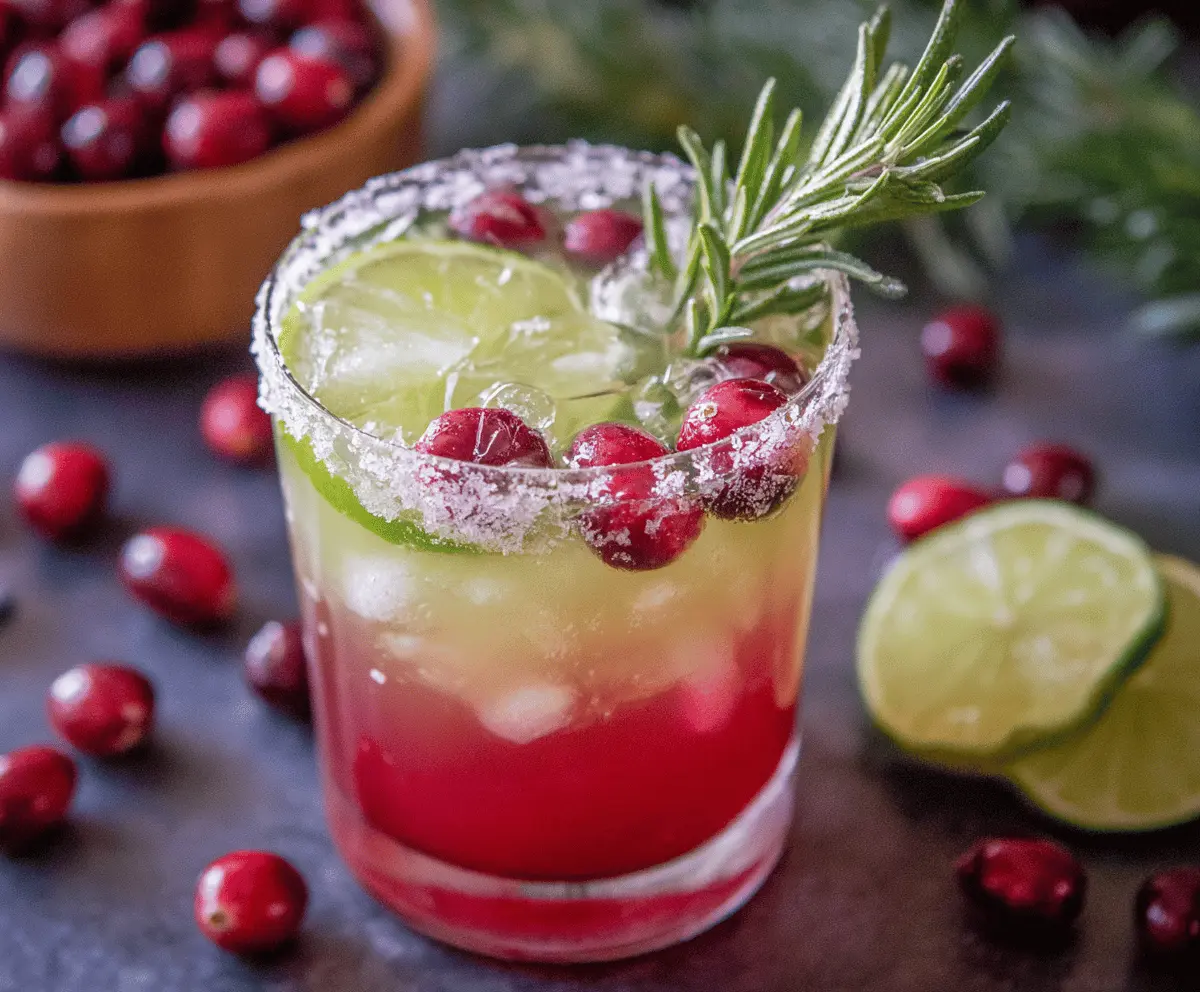 Festive Mistletoe Margarita in a glass with lime and mistletoe decoration for holiday cheer.