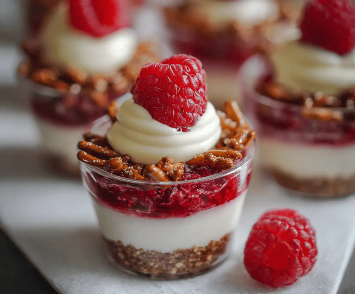 Delicious no-bake raspberry pretzel cups with creamy filling and crunchy pretzels, perfect for dessert or snack time.