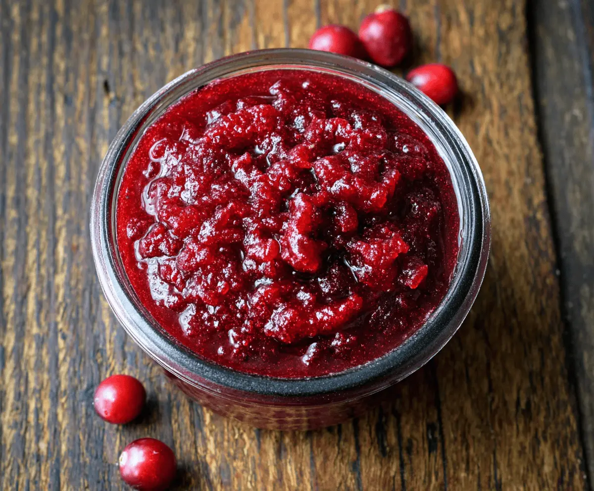 Fresh homemade no cook cranberry sauce with bright red cranberries and citrus zest for a festive holiday dinner.