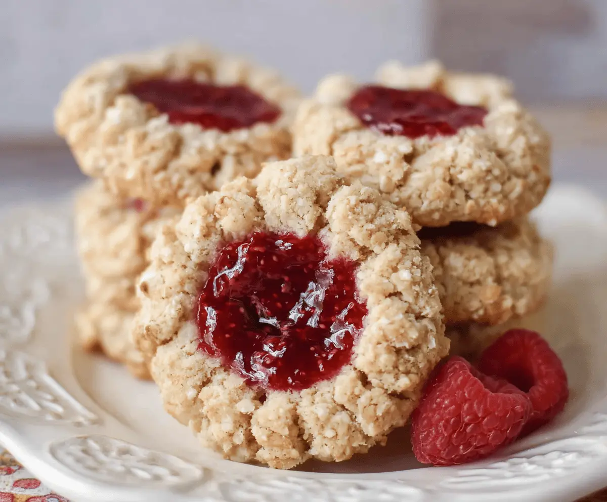 Homemade oatmeal raspberry jam thumbprint cookies on a plate, showcasing golden-brown crust and ruby-red raspberry jam filling.