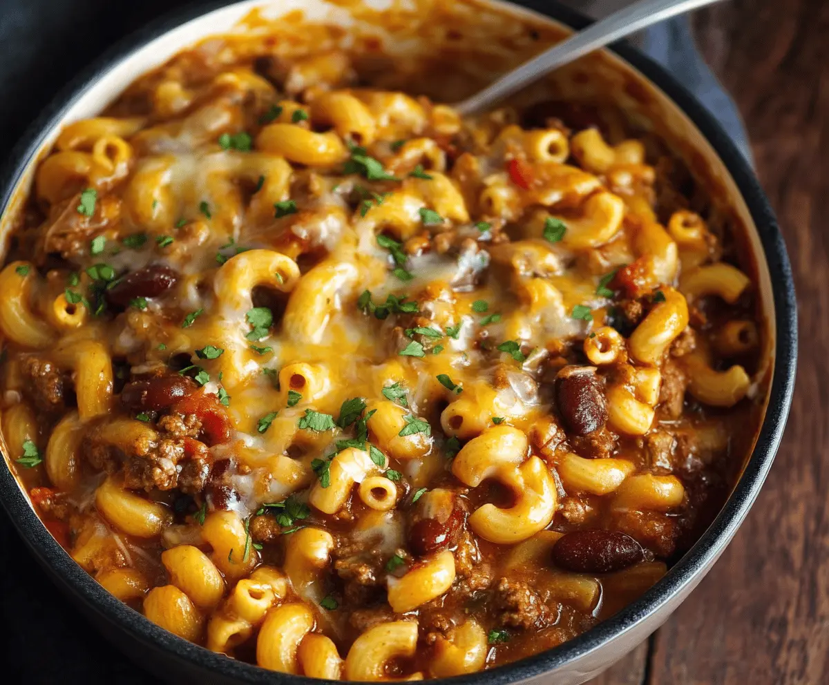 Creamy One Pot Chili Mac and Cheese served in a bowl with melted cheese and chili mix.