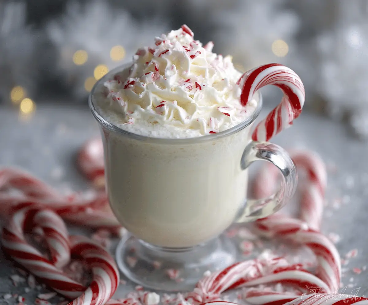 Creamy peppermint white hot chocolate in a mug topped with whipped cream and crushed peppermint candies.