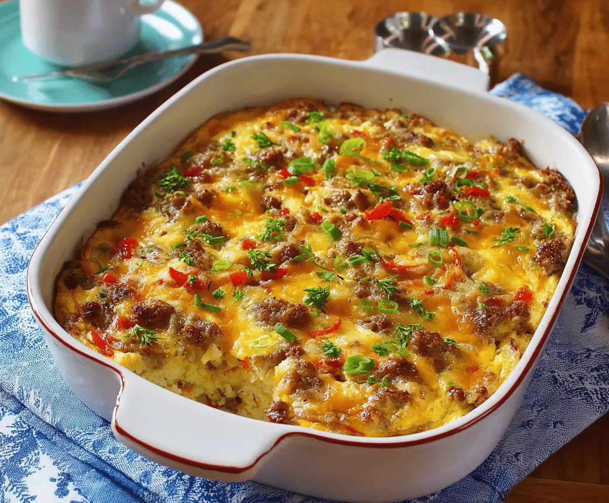 Delicious Pioneer Woman Sausage Breakfast Casserole in a baking dish with eggs, cheese, and sausage.