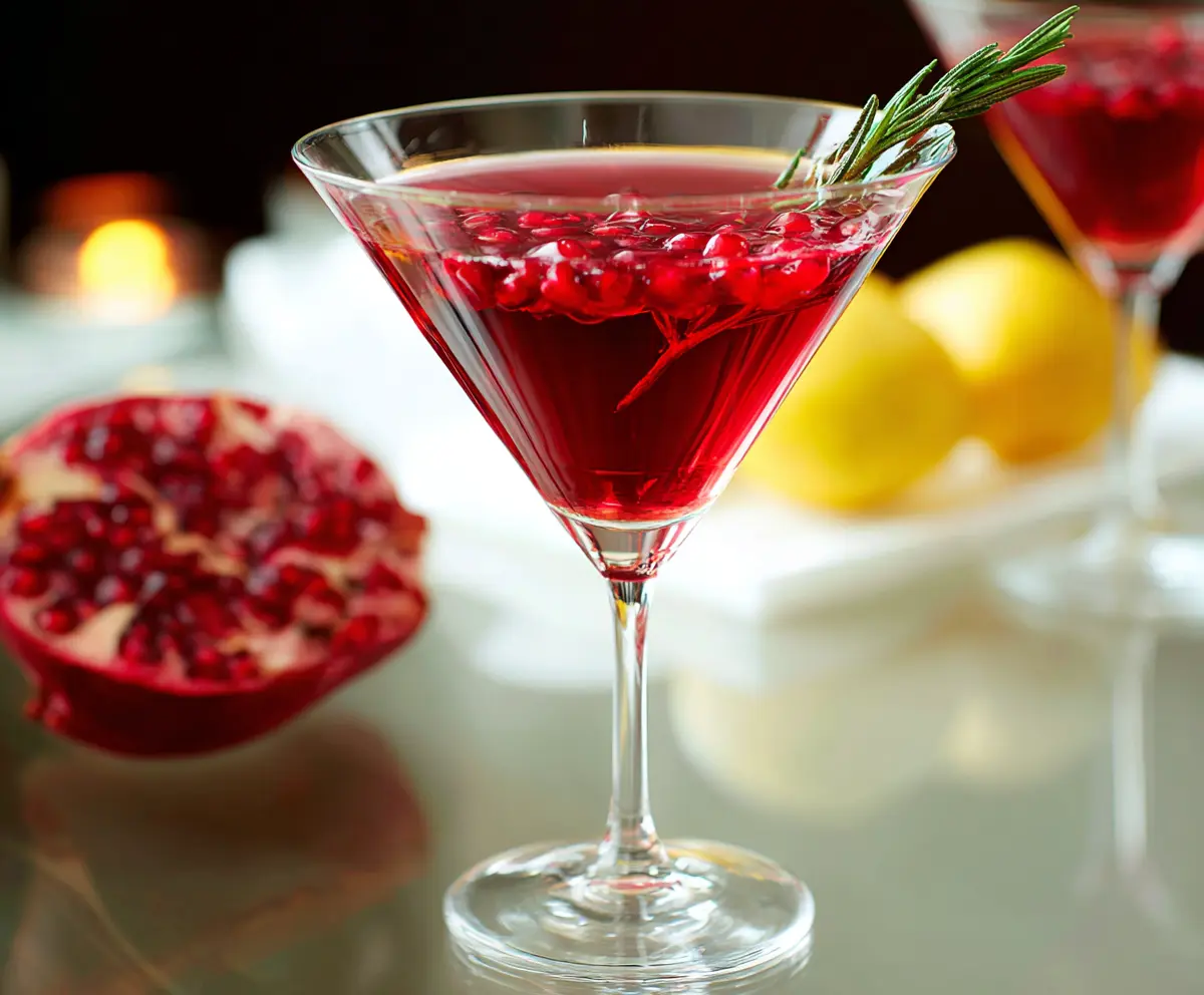 Refreshing Pomegranate Martini in a elegant glass garnished with pomegranate seeds and mint.