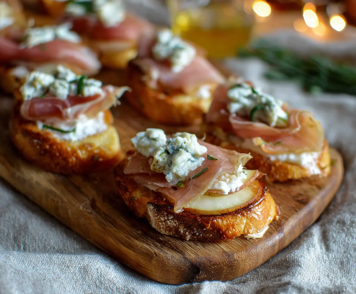 Delicious Prosciutto Pear Gorgonzola Crostini served on a wooden platter, showcasing savory prosciutto, sweet pear slices, and creamy gorgonzola cheese on toasted baguette slices.