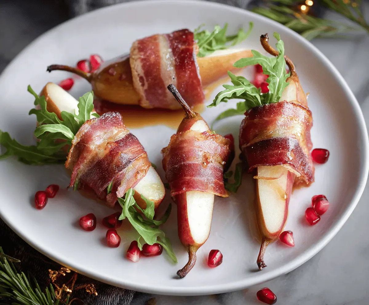 Delicious prosciutto wrapped pears garnished with herbs on a serving platter