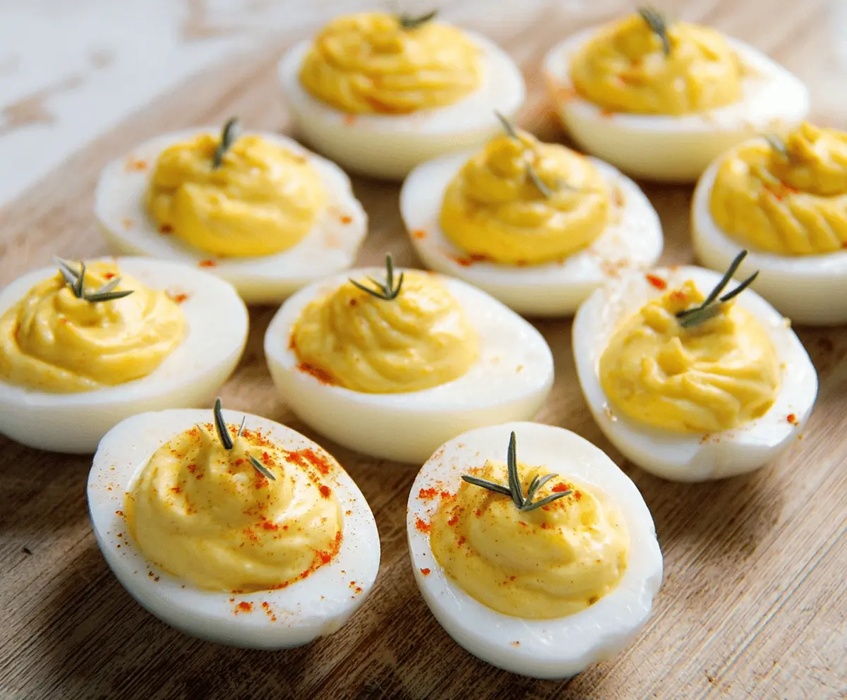 Creamy ranch-flavored deviled eggs garnished with fresh herbs, perfect for appetizers or parties.