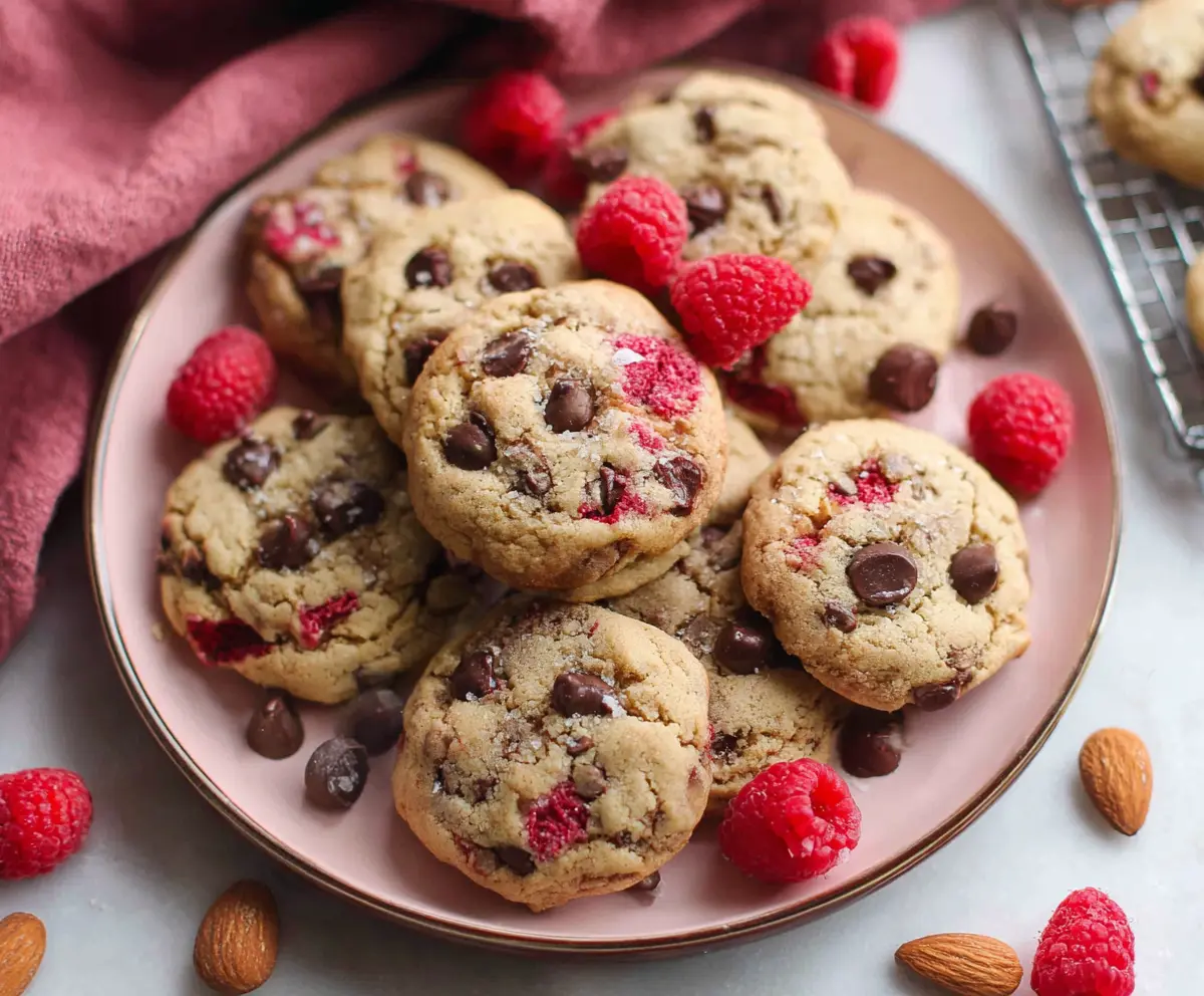Delicious Raspberry Almond Chocolate Chip Cookies fresh out of the oven showcasing a golden-brown crust with visible raspberry and almond chunks.
