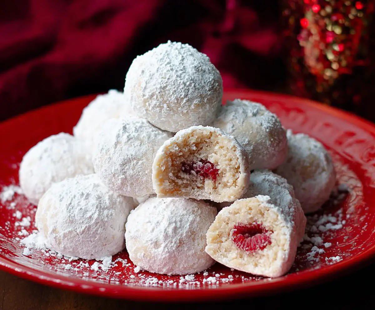Delicious Raspberry Almond Snowball Cookies with powdered sugar coating on a white plate.