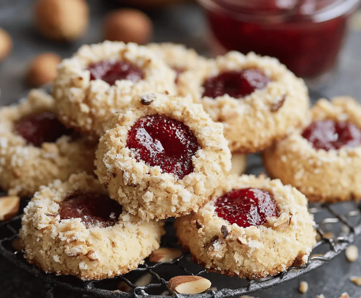 Delicious raspberry and hazelnut thumbprint cookies on a white plate, showcasing their golden-brown crust and berry filling.
