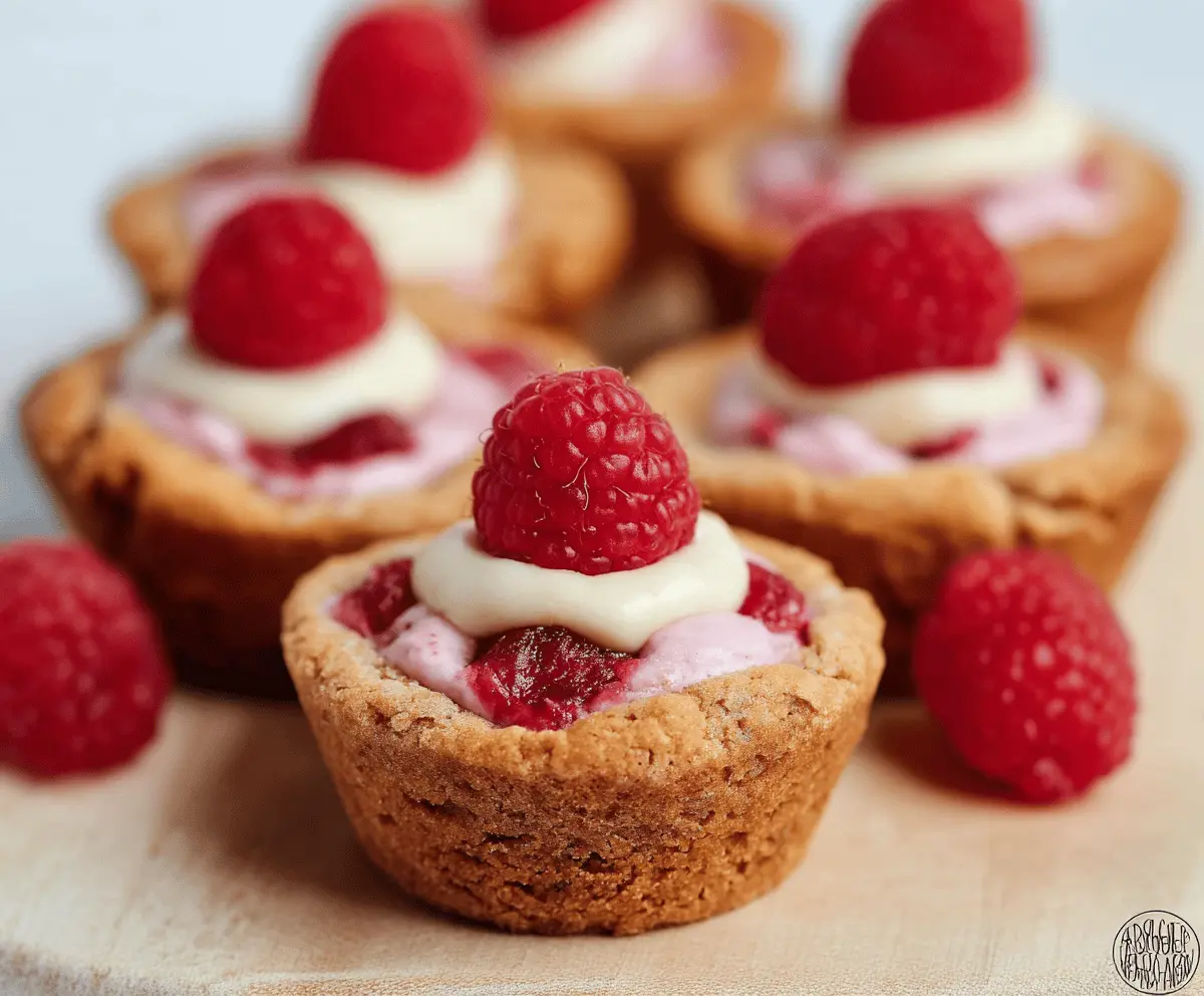 Delicious Raspberry Cheesecake Cookie Cups topped with fresh raspberries and creamy cheesecake filling.