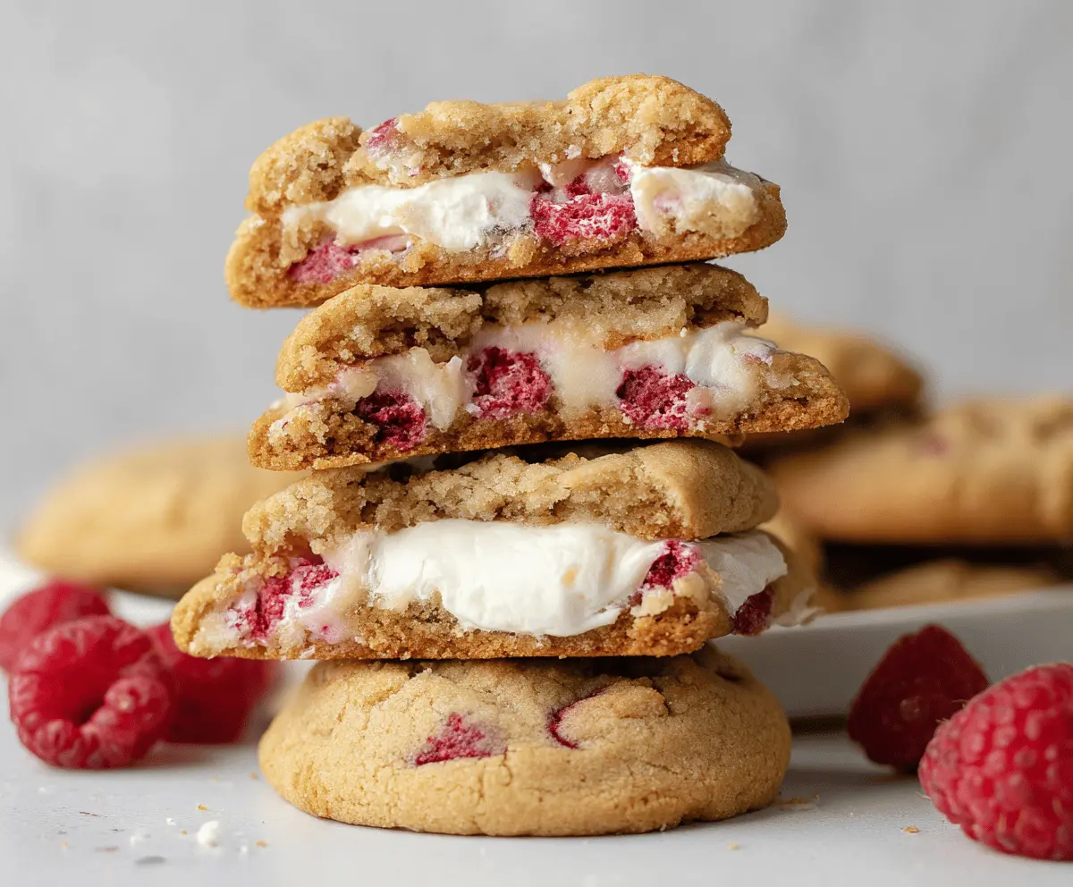 Delicious Raspberry Cheesecake Stuffed Cookies displayed on a plate with fresh raspberries.