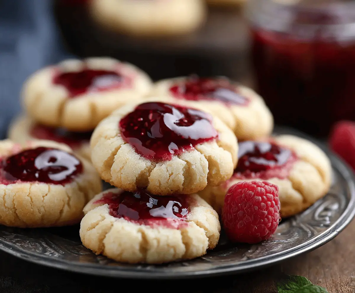 Delicious Raspberry Cheesecake Thumbprint Cookies with fresh raspberries and creamy cheesecake filling
