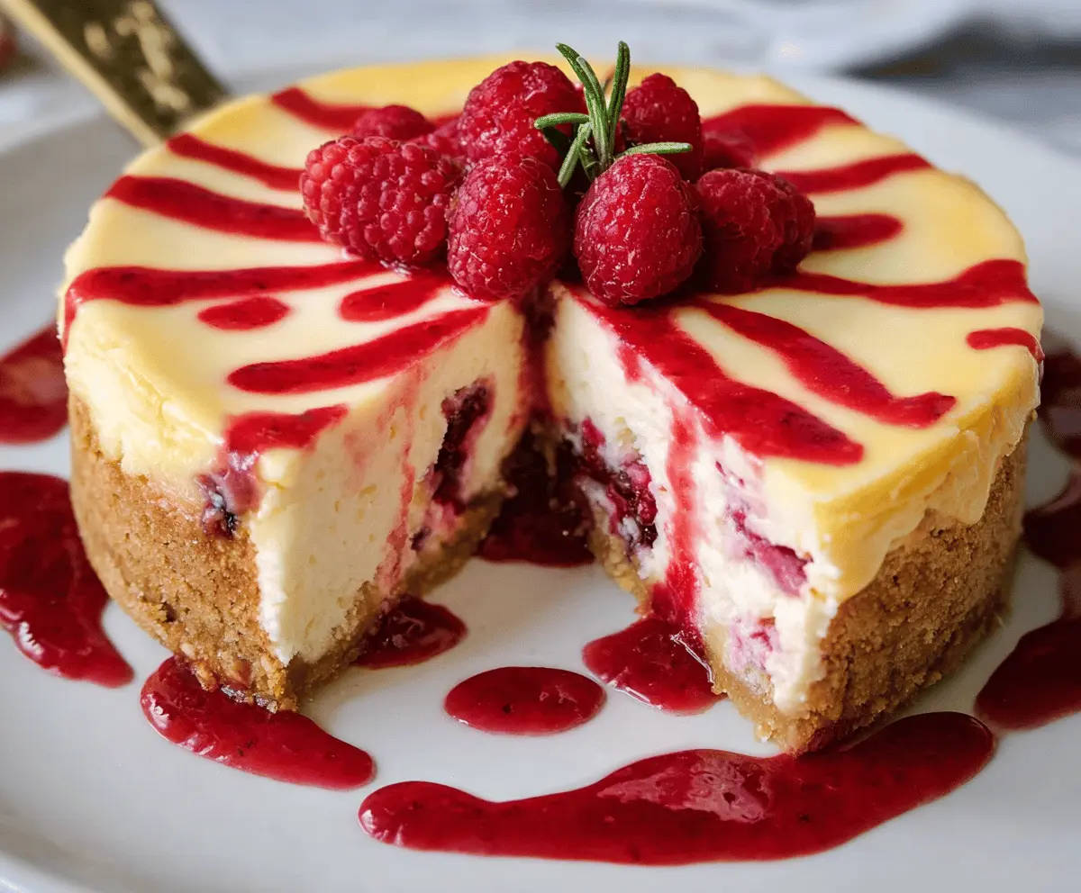 Delicious raspberry cheesecake with smooth cream cheese topping and fresh raspberries on top.