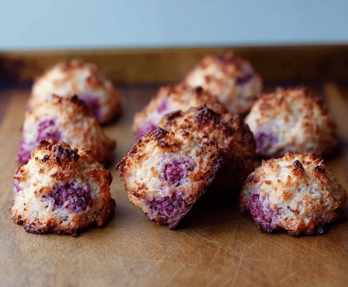 Delicious Raspberry Coconut Macaroons Cookies with a golden brown exterior and vibrant raspberry accents.