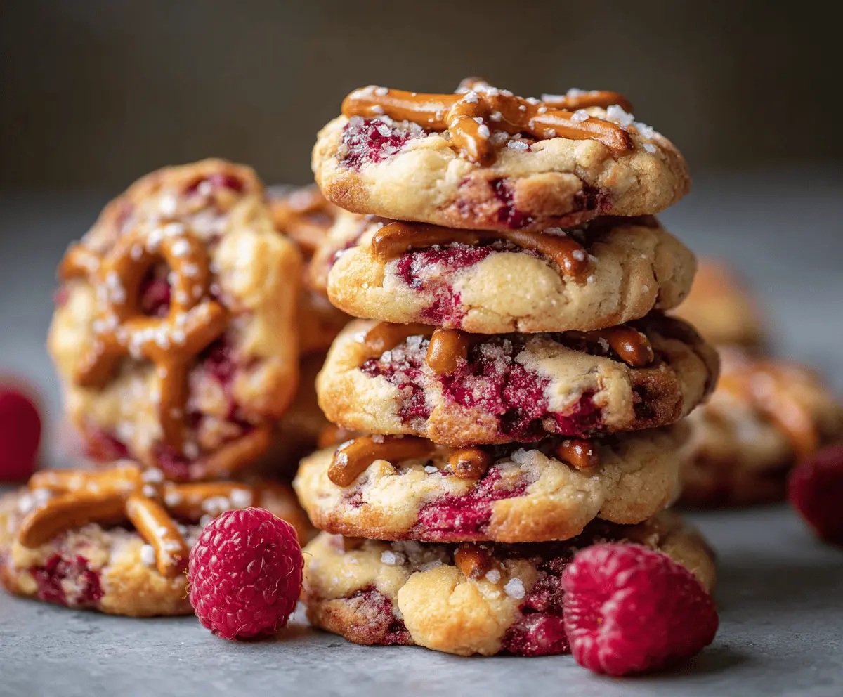 Delicious Raspberry Pretzel Cookies with a shiny berry topping and crunchy pretzel pieces
