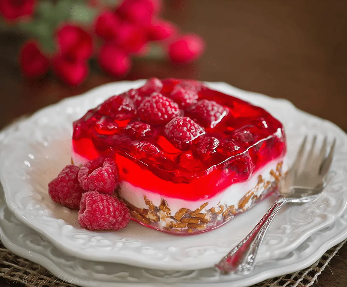 Refreshing Raspberry Pretzel Jello dessert with a colorful berry topping.