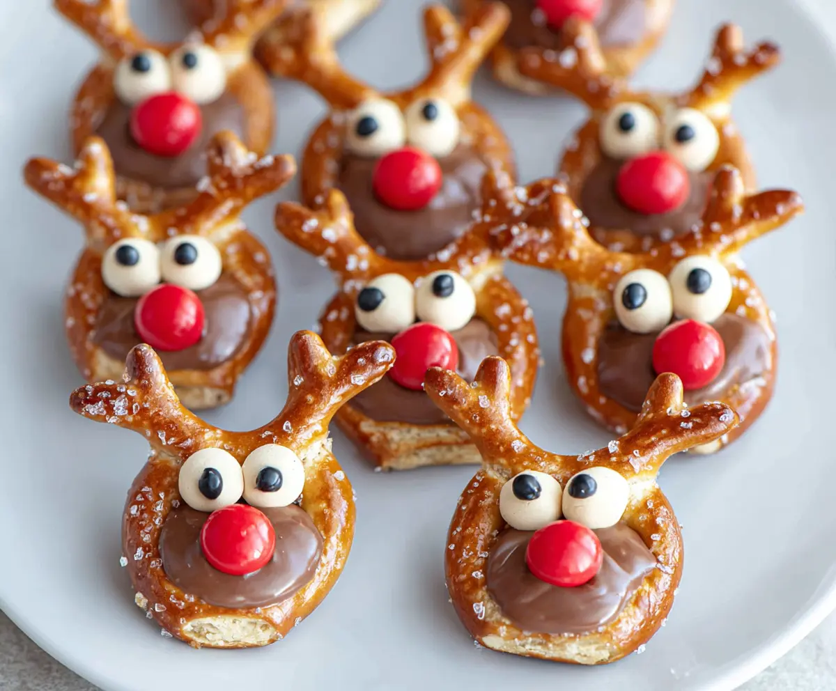 Festive Reindeer Pretzel Bites with chocolate eyes and candy red noses, perfect for holiday snacks.