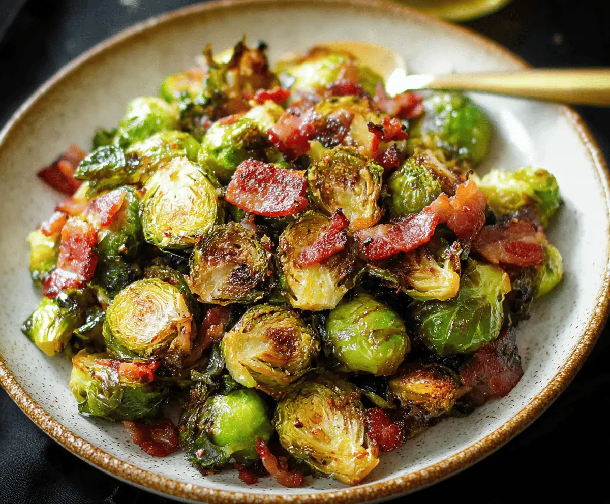 Delicious roasted Brussels sprouts topped with crispy bacon for a healthy and flavorful side dish.