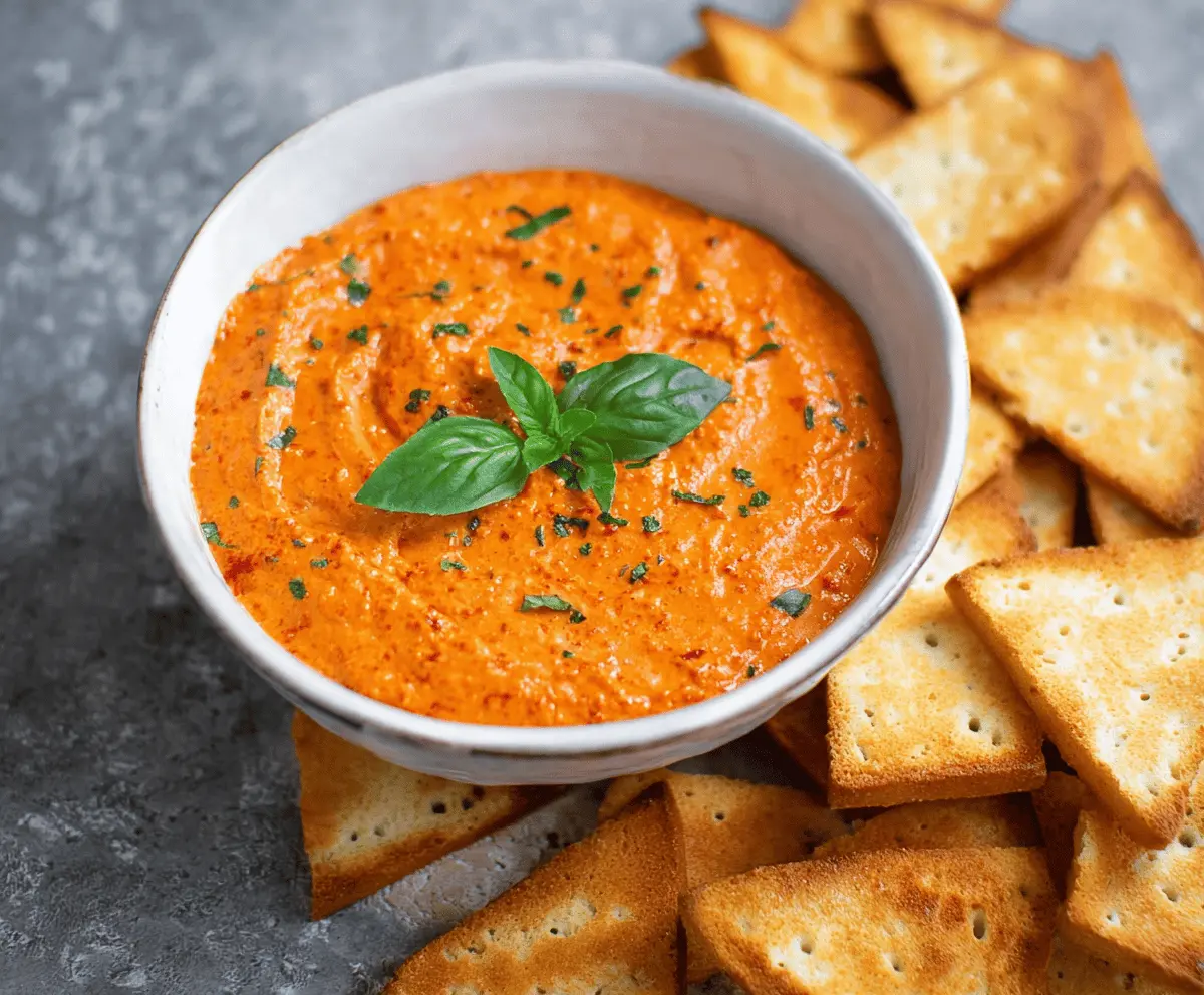 Delicious roasted red pepper dip served with fresh vegetables and pita bread