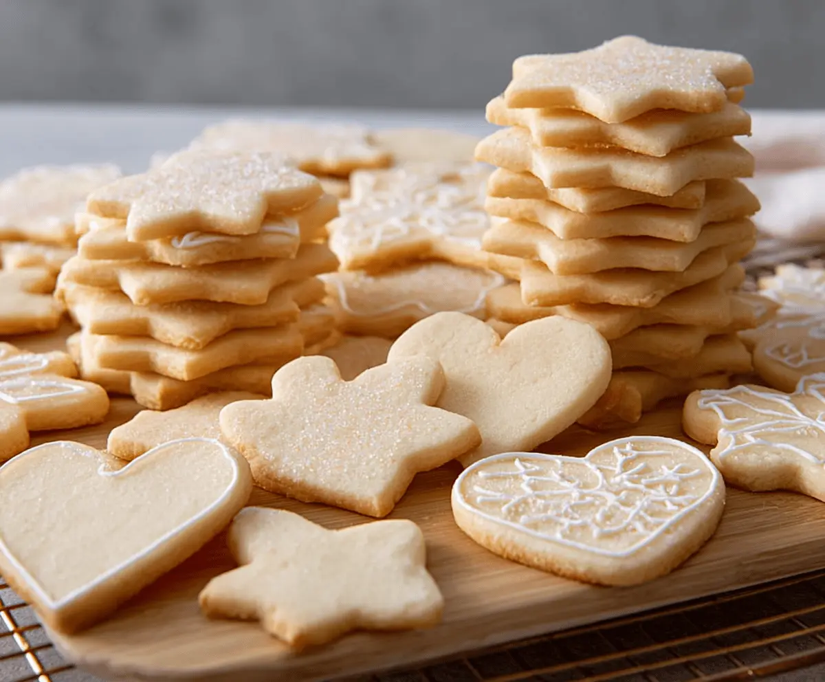 Festive roll-out sugar cookies decorated with colorful icing and sprinkles.