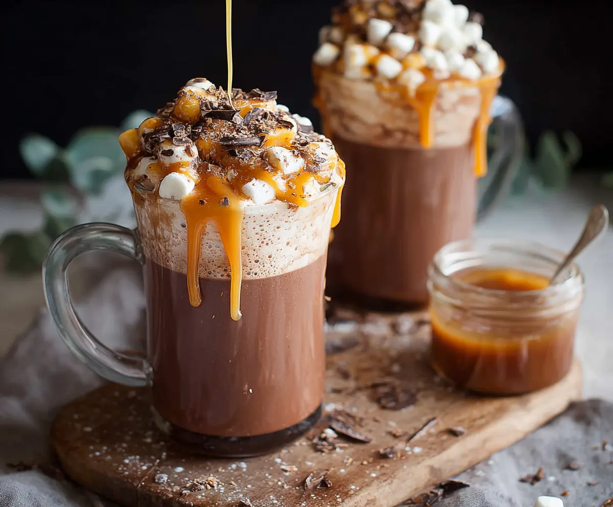 Warm salted caramel hot chocolate in a cozy mug topped with whipped cream and caramel drizzle.