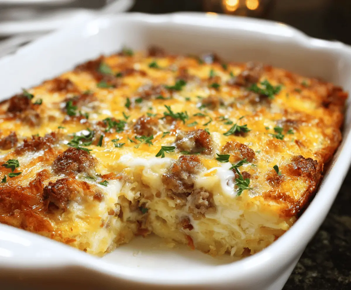 Delicious sausage egg and cream cheese hash brown breakfast casserole ready to serve