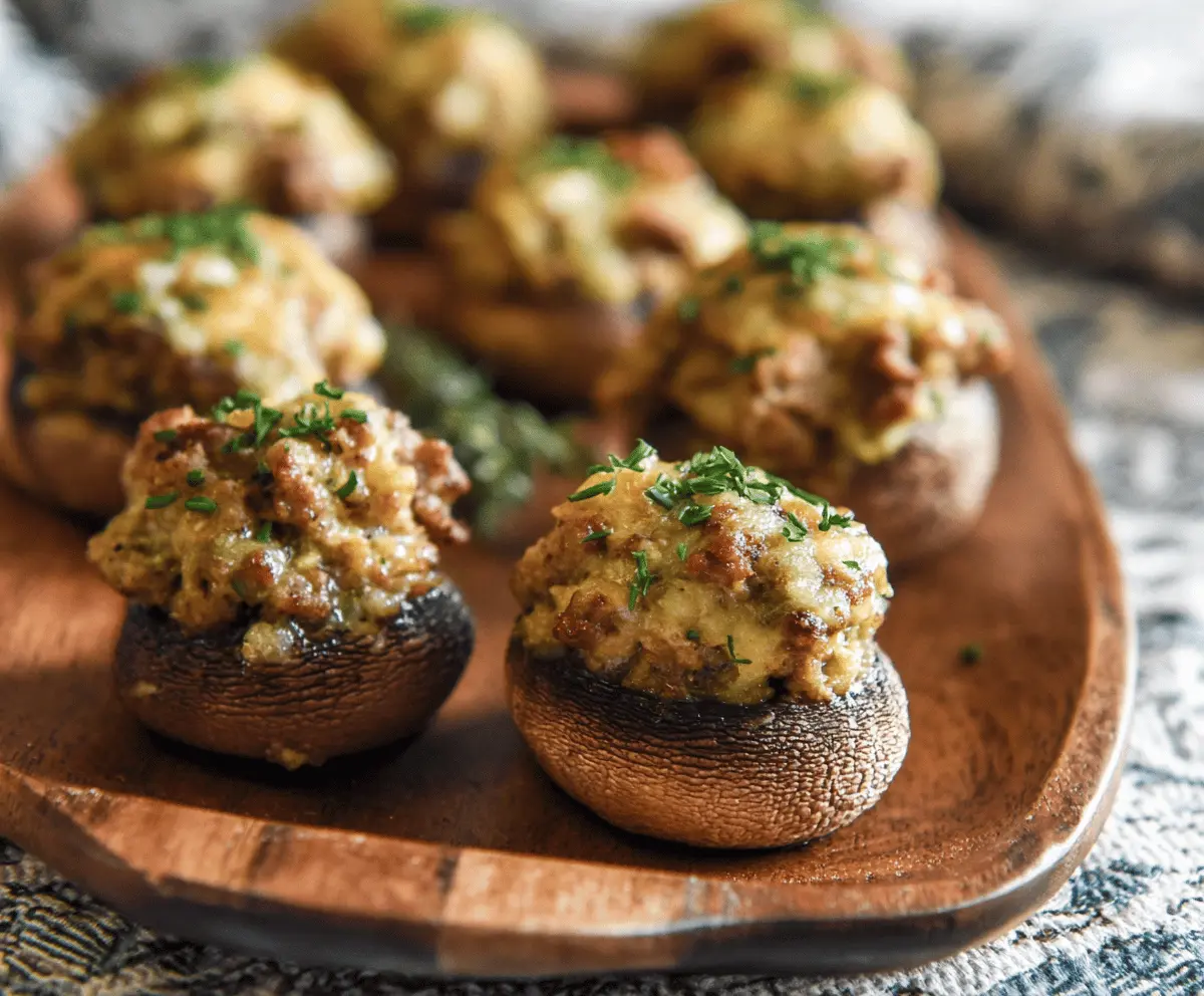 Delicious sausage stuffed mushrooms appetizer garnished with herbs