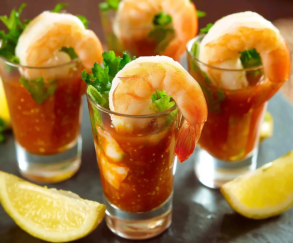 Delicious shrimp cocktail shooters served in clear glasses with lemon wedges and fresh herbs.
