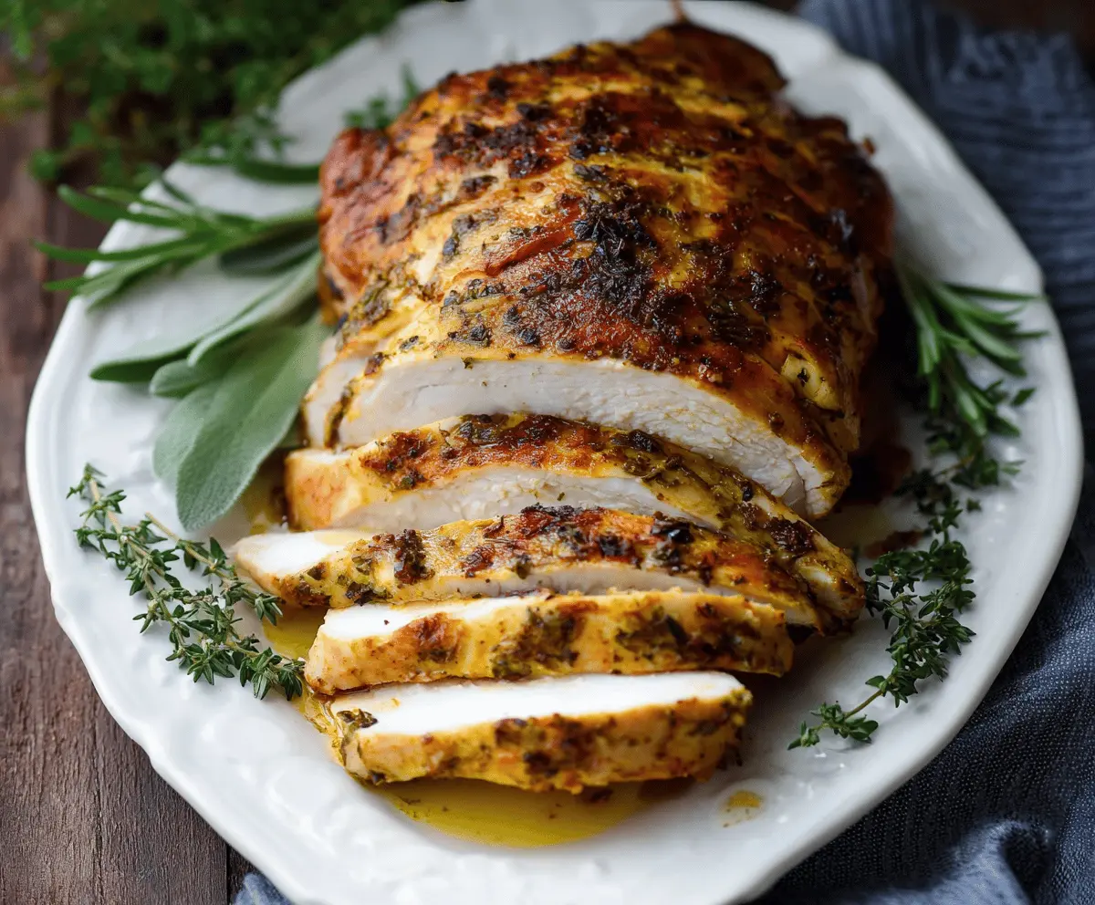 Juicy slow cooker turkey breast ready to serve with golden brown skin